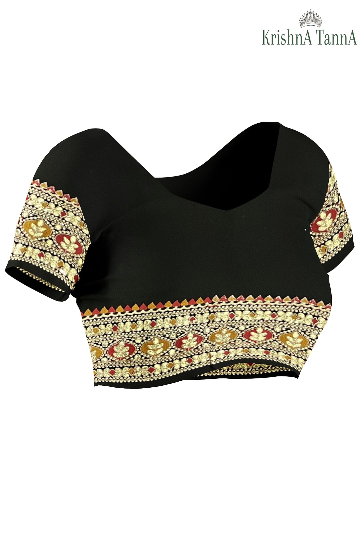 Krishna Tanna Knitted Gota Saree with knitted floral embroidery border on Blended Georgette (Black)