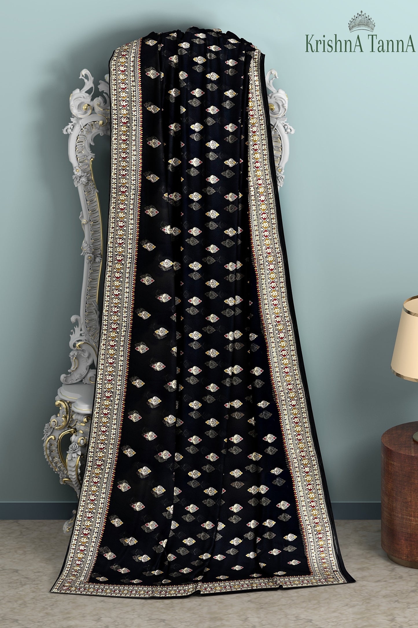 Krishna Tanna Knitted Gota Saree with knitted floral embroidery border on Blended Georgette (Black)