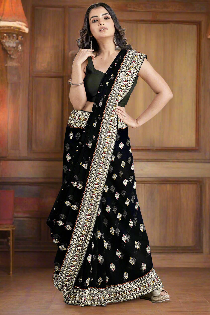 Krishna Tanna Knitted Gota Saree with knitted floral embroidery border on Blended Georgette (Black)