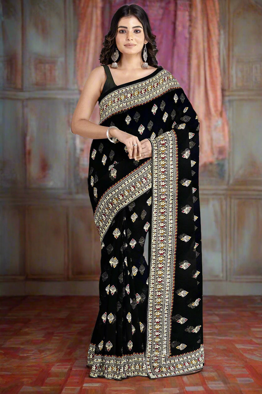 Krishna Tanna Knitted Gota Saree with knitted floral embroidery border on Blended Georgette (Black)