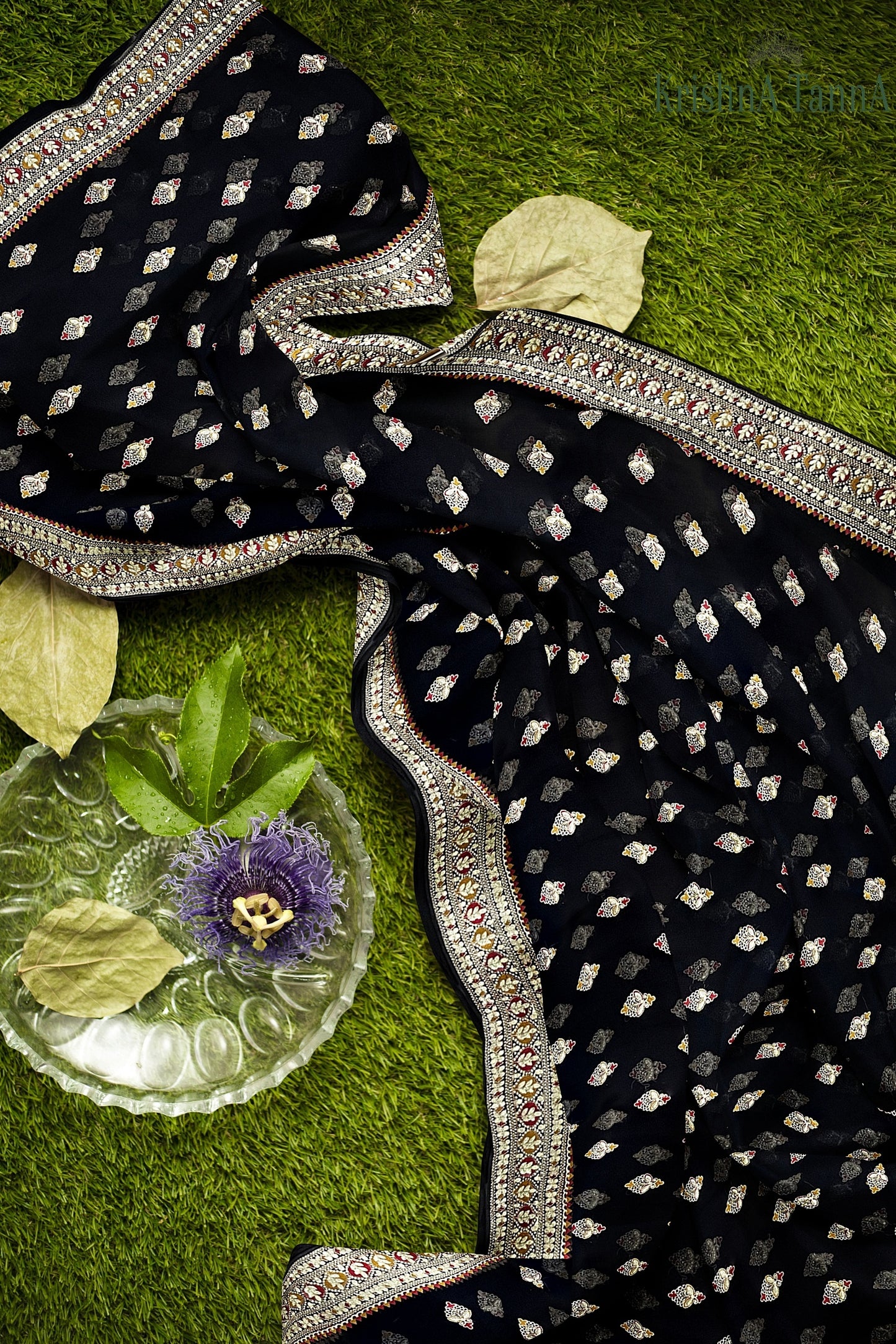 Krishna Tanna Knitted Gota Saree with knitted floral embroidery border on Blended Georgette (Black)