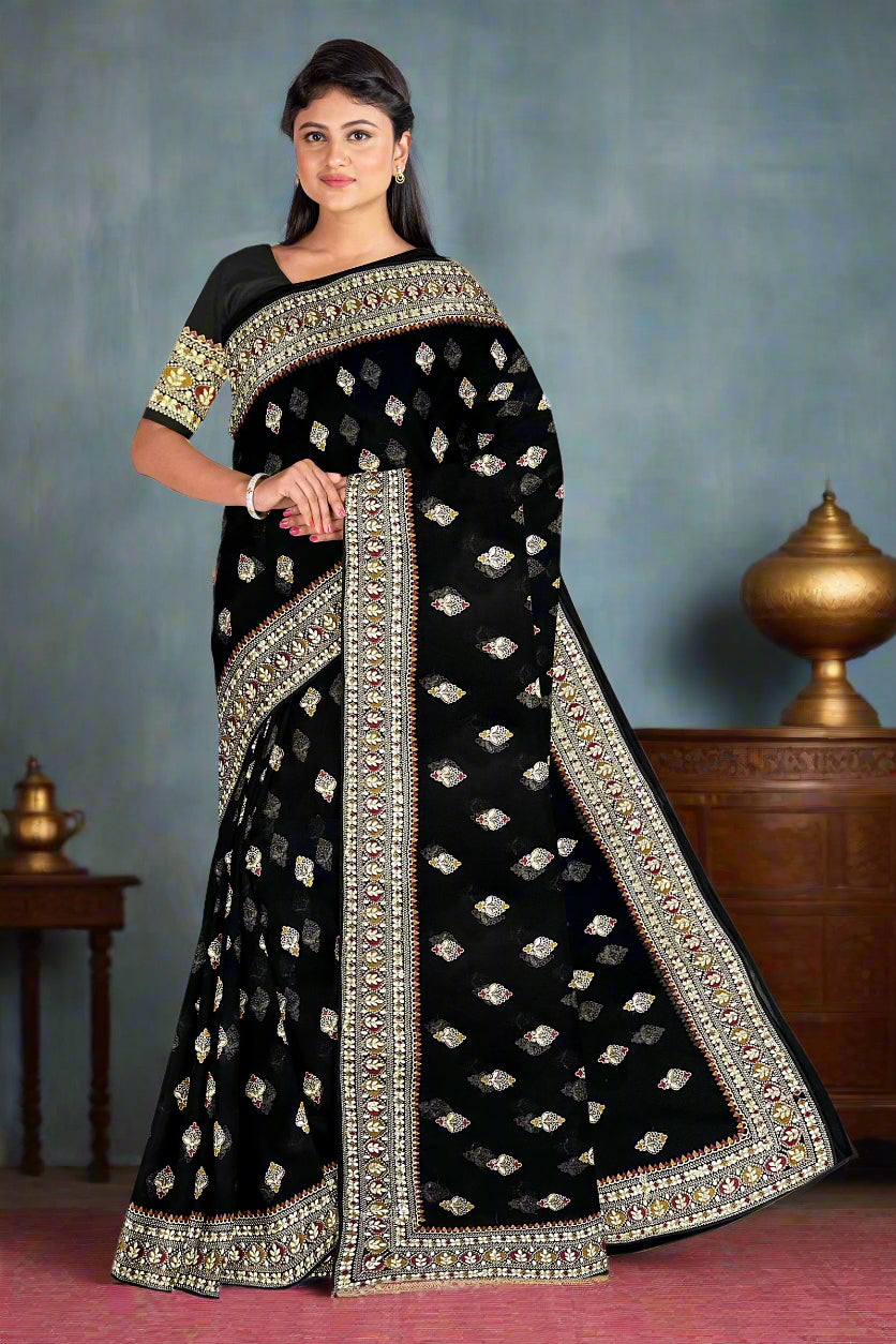 Krishna Tanna Knitted Gota Saree with knitted floral embroidery border on Blended Georgette (Black)