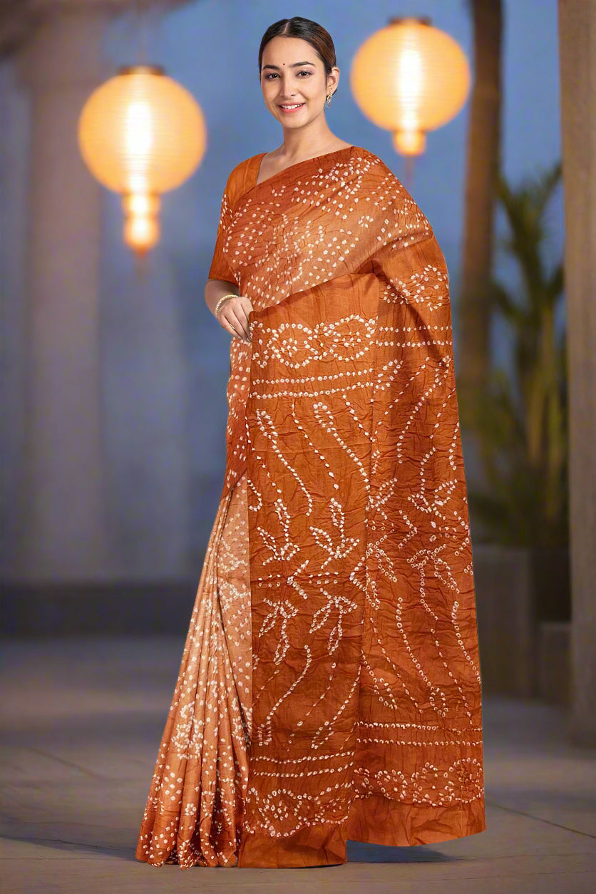 Krishna Tanna Traditional Indian Hand Weaved Cotton Orange Bandhani - Tye & Die Saree