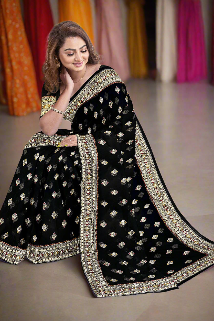 Krishna Tanna Knitted Gota Saree with knitted floral embroidery border on Blended Georgette (Black)