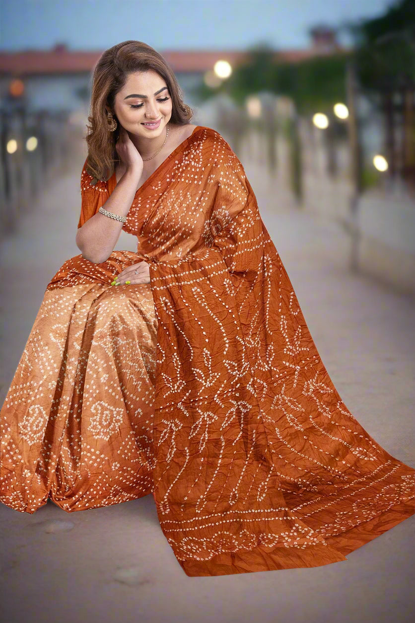 Krishna Tanna Traditional Indian Hand Weaved Cotton Orange Bandhani - Tye & Die Saree