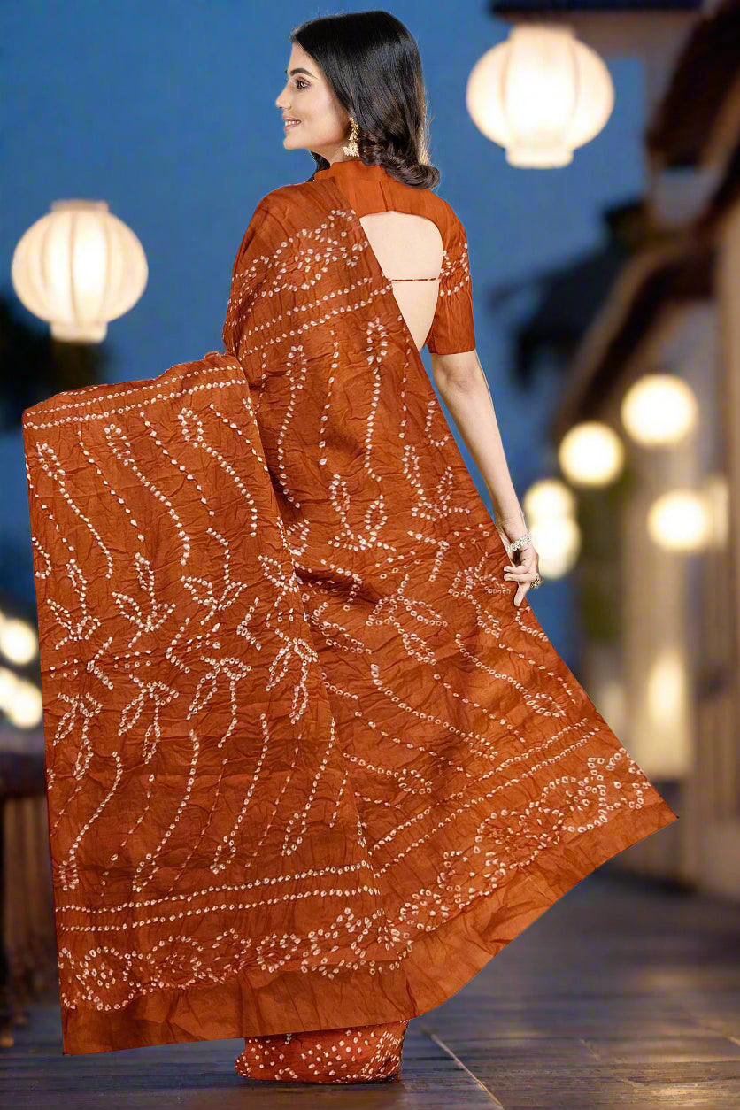 Krishna Tanna Traditional Indian Hand Weaved Cotton Orange Bandhani - Tye & Die Saree