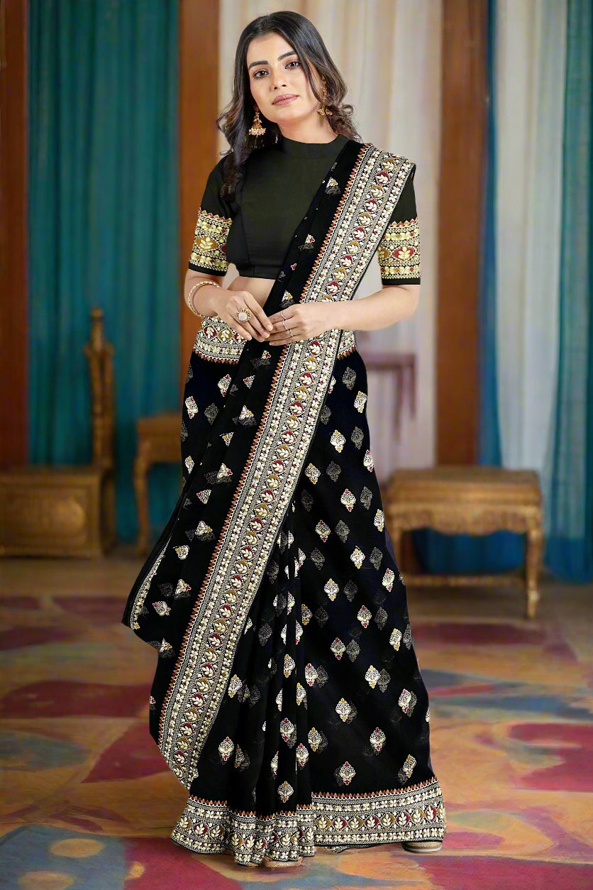 Krishna Tanna Knitted Gota Saree with knitted floral embroidery border on Blended Georgette (Black)