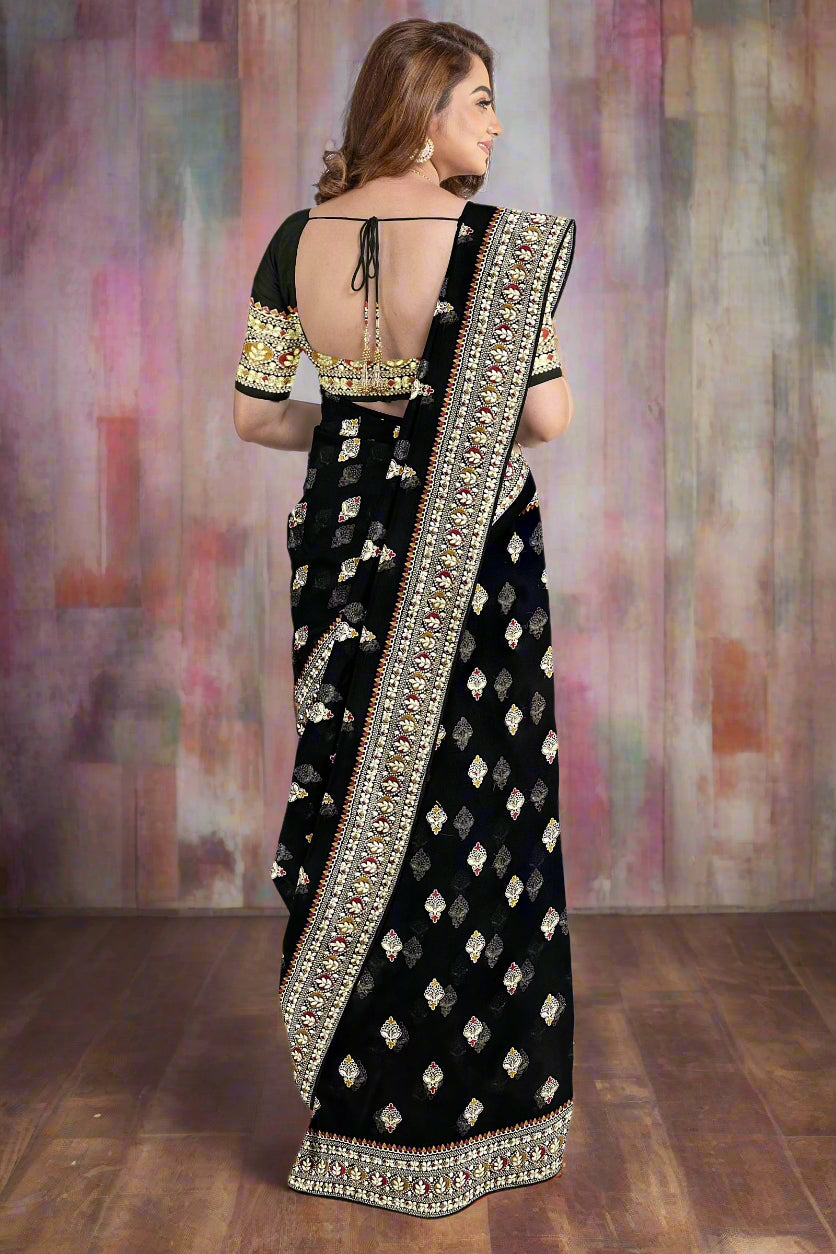 Krishna Tanna Knitted Gota Saree with knitted floral embroidery border on Blended Georgette (Black)