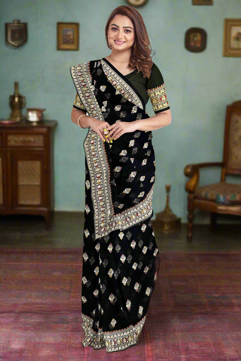 Krishna Tanna Knitted Gota Saree with knitted floral embroidery border on Blended Georgette (Black)