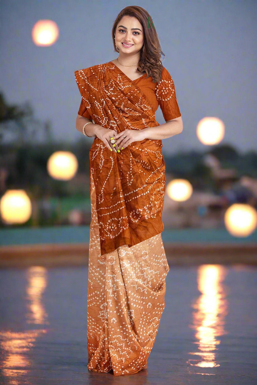 Krishna Tanna Traditional Indian Hand Weaved Cotton Orange Bandhani - Tye & Die Saree