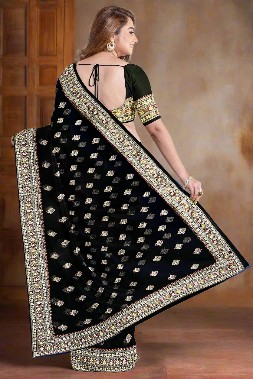 Krishna Tanna Knitted Gota Saree with knitted floral embroidery border on Blended Georgette (Black)