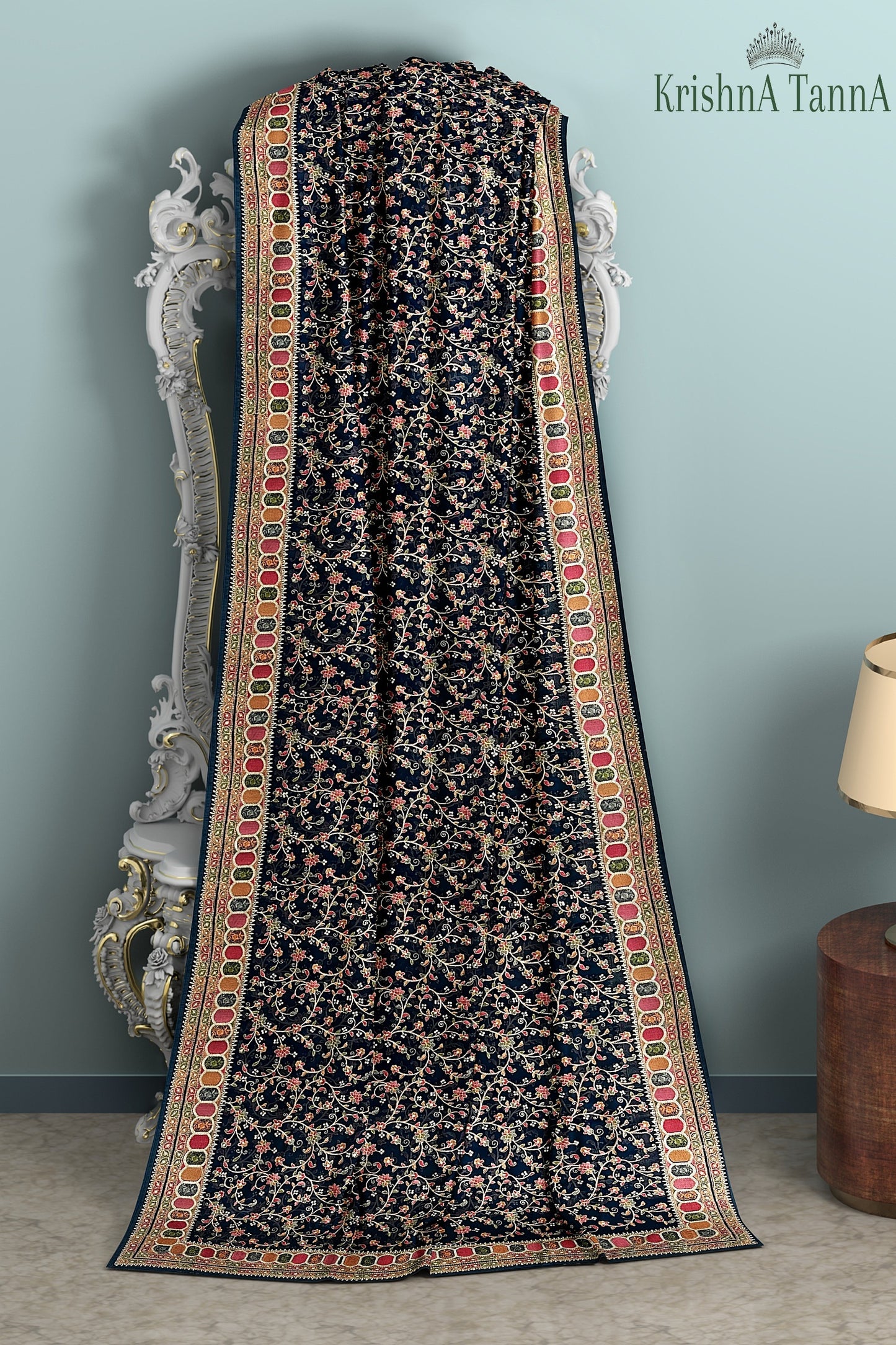 Krishna Tanna knitted floral pattern saree with colourful gota border on blended Georgette