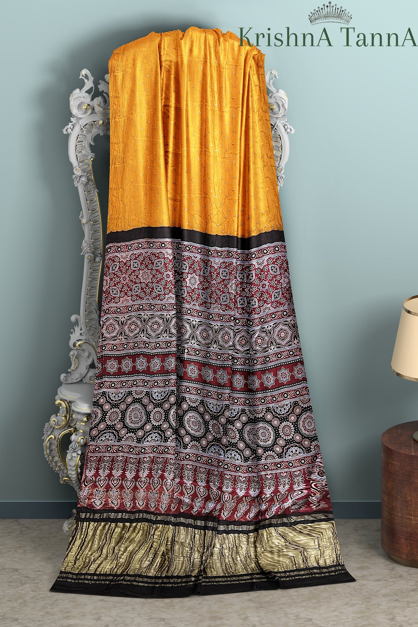 Krishna Tanna Hand Block Prints and organic colours Model Silk Ajrakh Bandhanee Saree