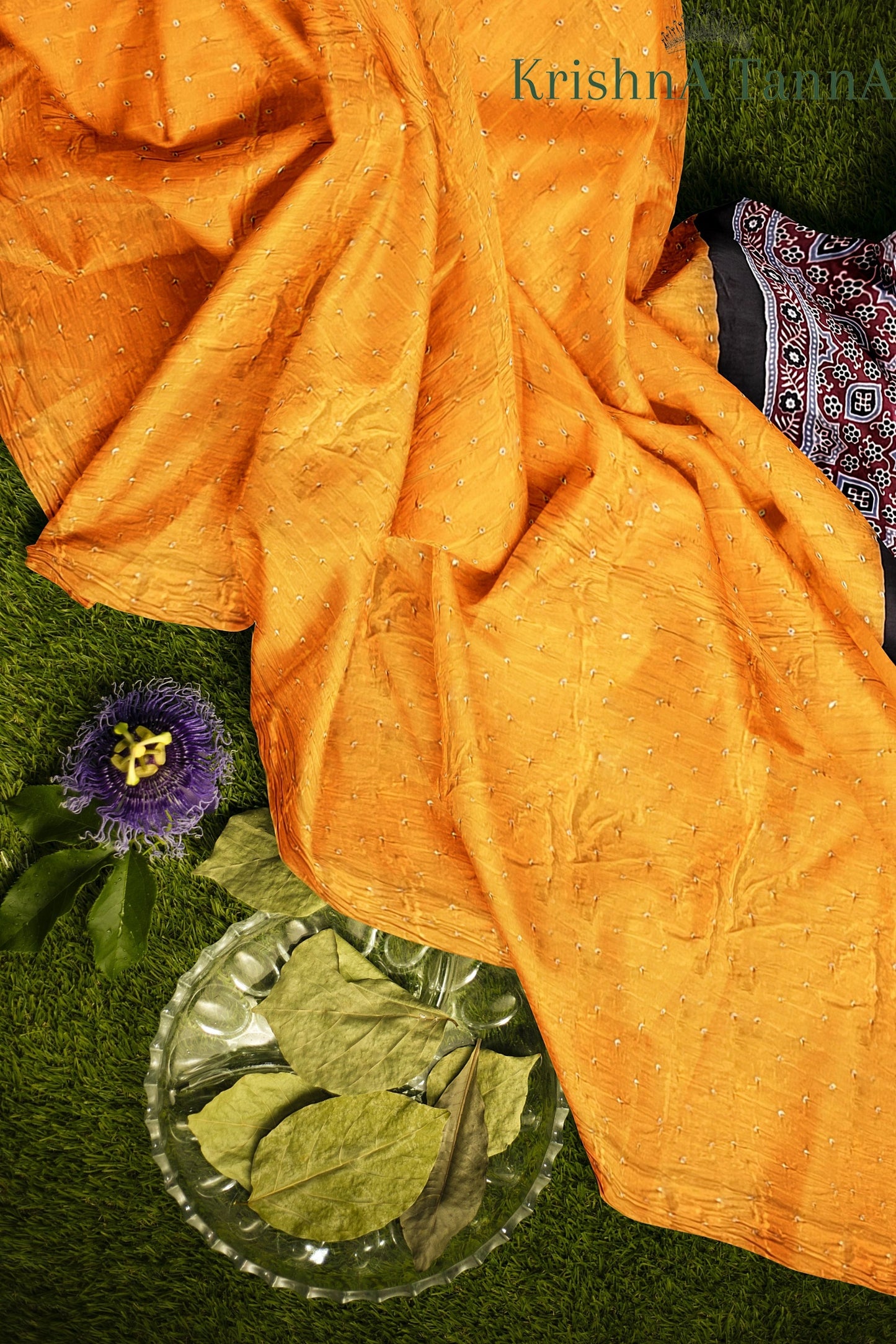 Krishna Tanna Hand Block Prints and organic colours Model Silk Ajrakh Bandhanee Saree
