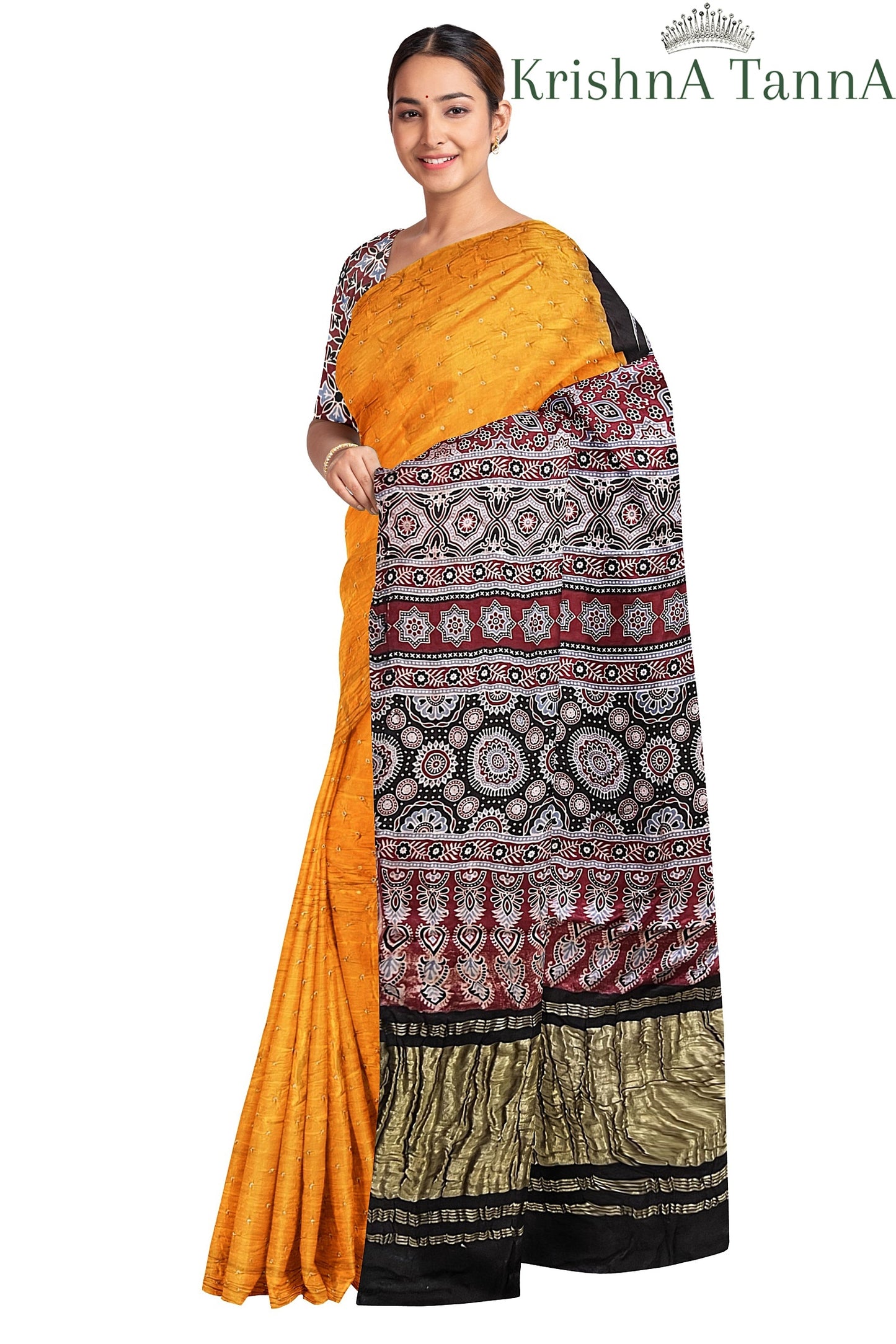 Krishna Tanna Hand Block Prints and organic colours Model Silk Ajrakh Bandhanee Saree
