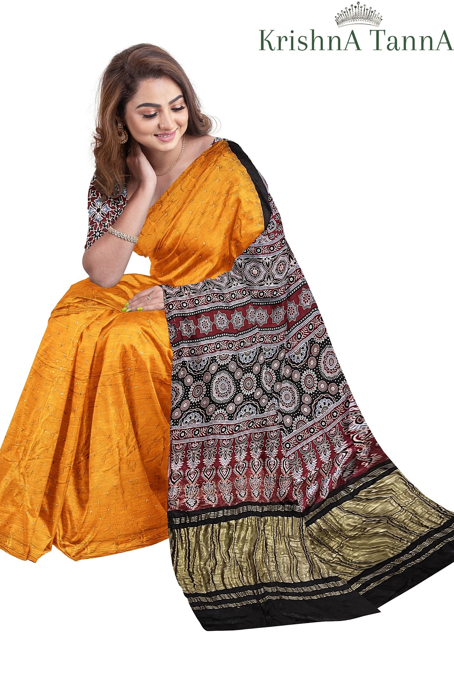 Krishna Tanna Hand Block Prints and organic colours Model Silk Ajrakh Bandhanee Saree