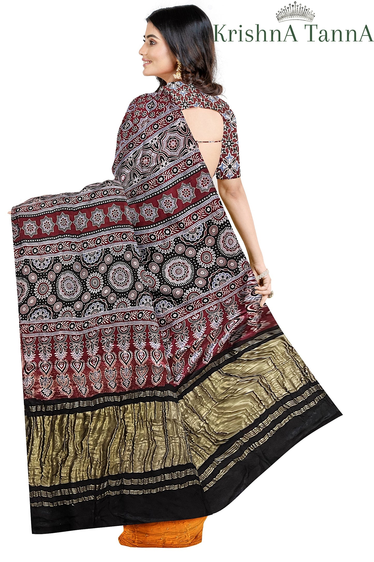 Krishna Tanna Hand Block Prints and organic colours Model Silk Ajrakh Bandhanee Saree