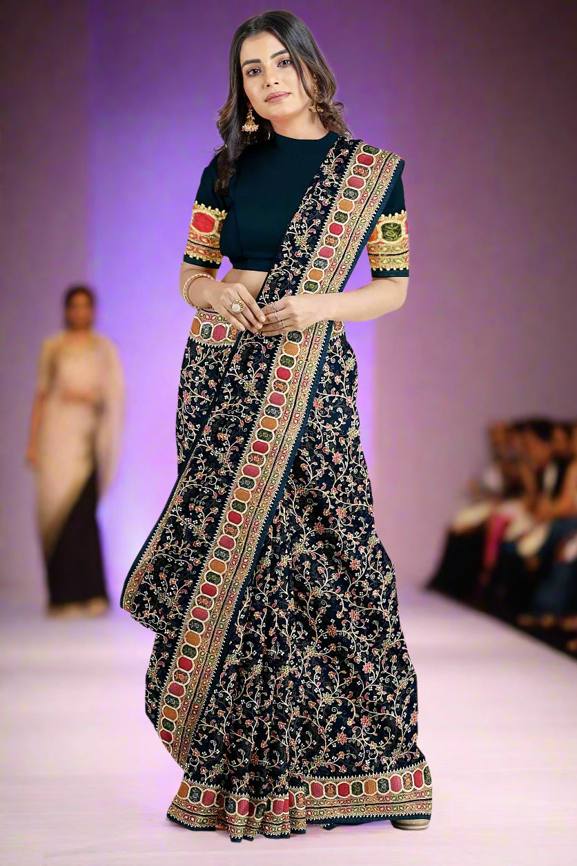 Krishna Tanna knitted floral pattern saree with colourful gota border on blended Georgette