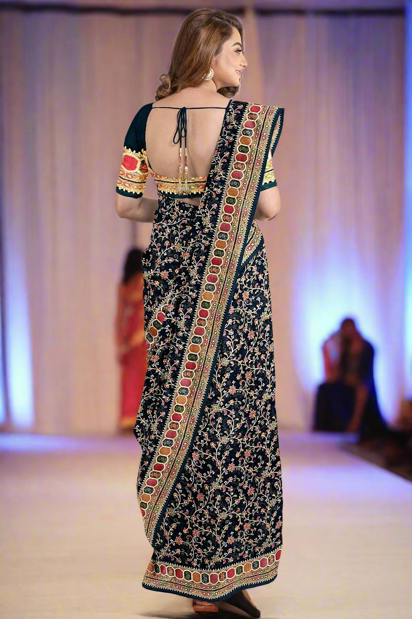 Krishna Tanna knitted floral pattern saree with colourful gota border on blended Georgette