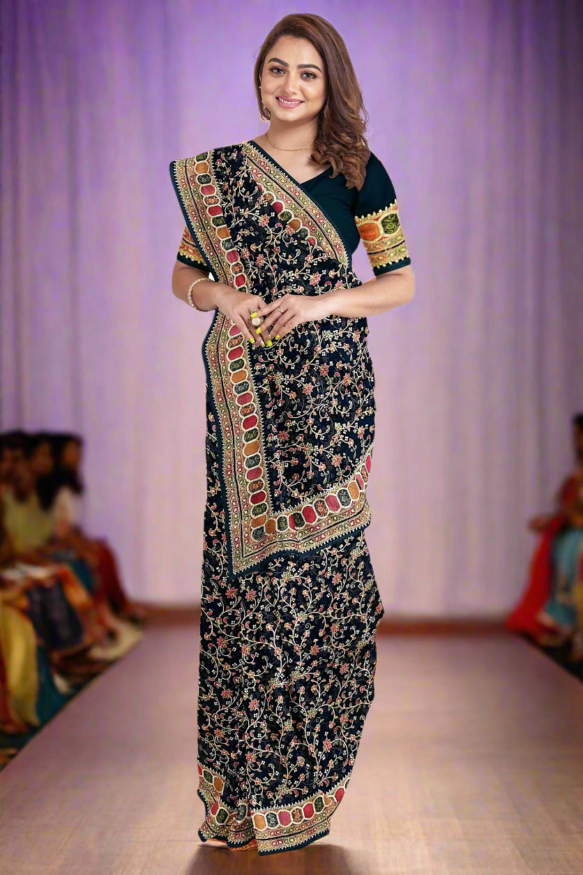 Krishna Tanna knitted floral pattern saree with colourful gota border on blended Georgette