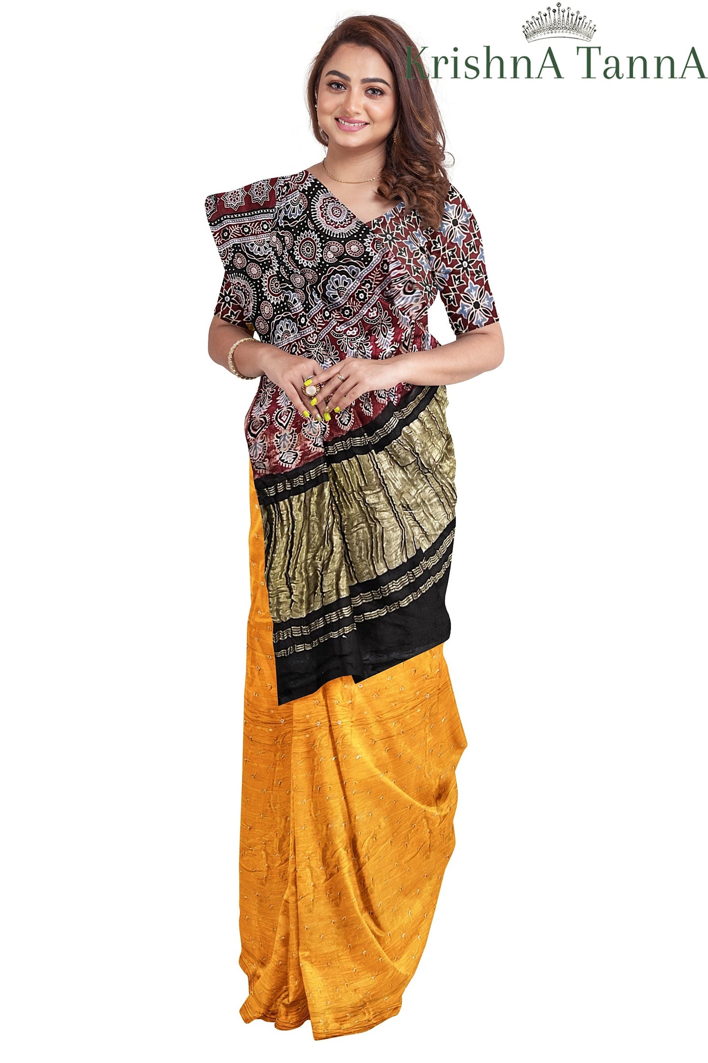 Krishna Tanna Hand Block Prints and organic colours Model Silk Ajrakh Bandhanee Saree