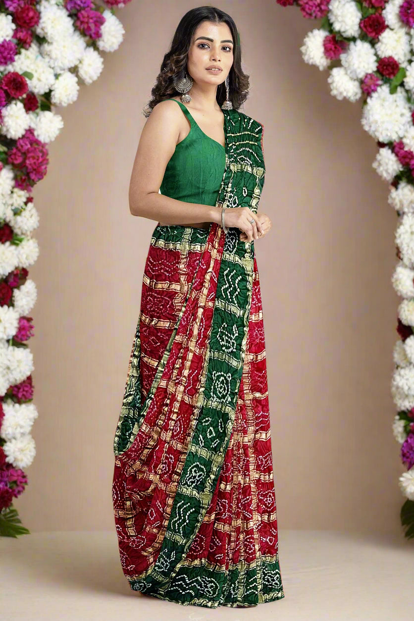 Krishna Tanna Traditional Indian Hand Weaved Gajji Silk Gharchoda Bandhani - Tye & Die Saree