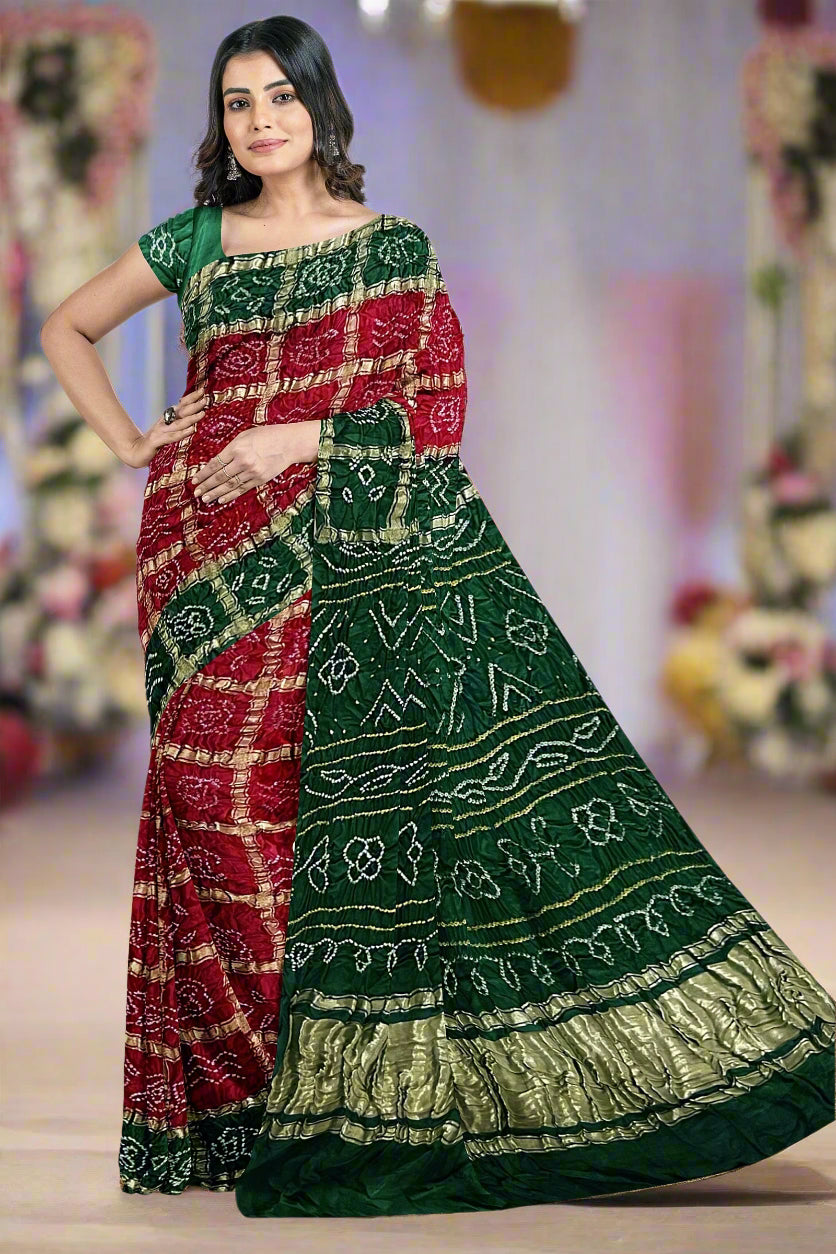 Krishna Tanna Traditional Indian Hand Weaved Gajji Silk Gharchoda Bandhani - Tye & Die Saree