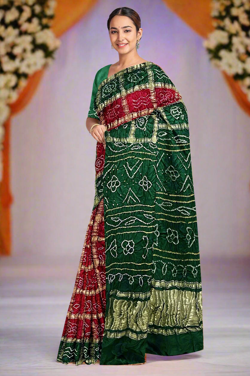 Krishna Tanna Traditional Indian Hand Weaved Gajji Silk Gharchoda Bandhani - Tye & Die Saree