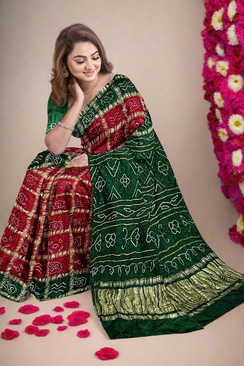 Krishna Tanna Traditional Indian Hand Weaved Gajji Silk Gharchoda Bandhani - Tye & Die Saree