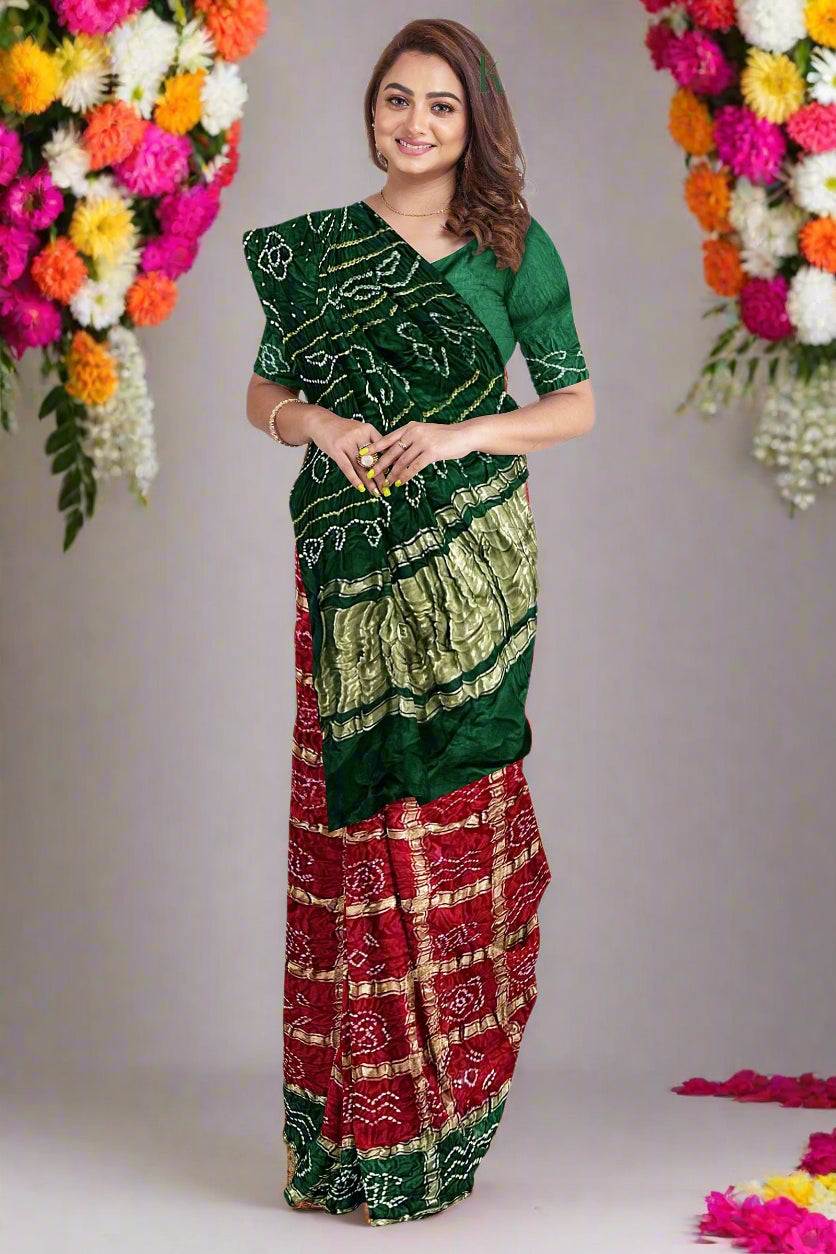 Krishna Tanna Traditional Indian Hand Weaved Gajji Silk Gharchoda Bandhani - Tye & Die Saree