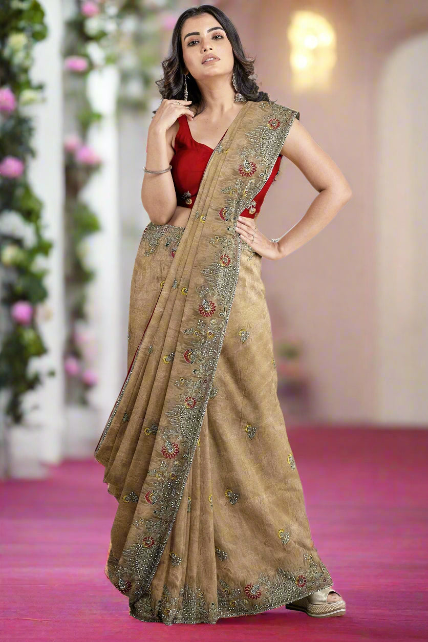 Krishna Tanna Gota work saree on blended georgette with Zardozi embroidery border (Peach)