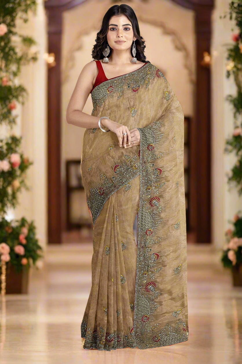 Krishna Tanna Gota work saree on blended georgette with Zardozi embroidery border (Peach)