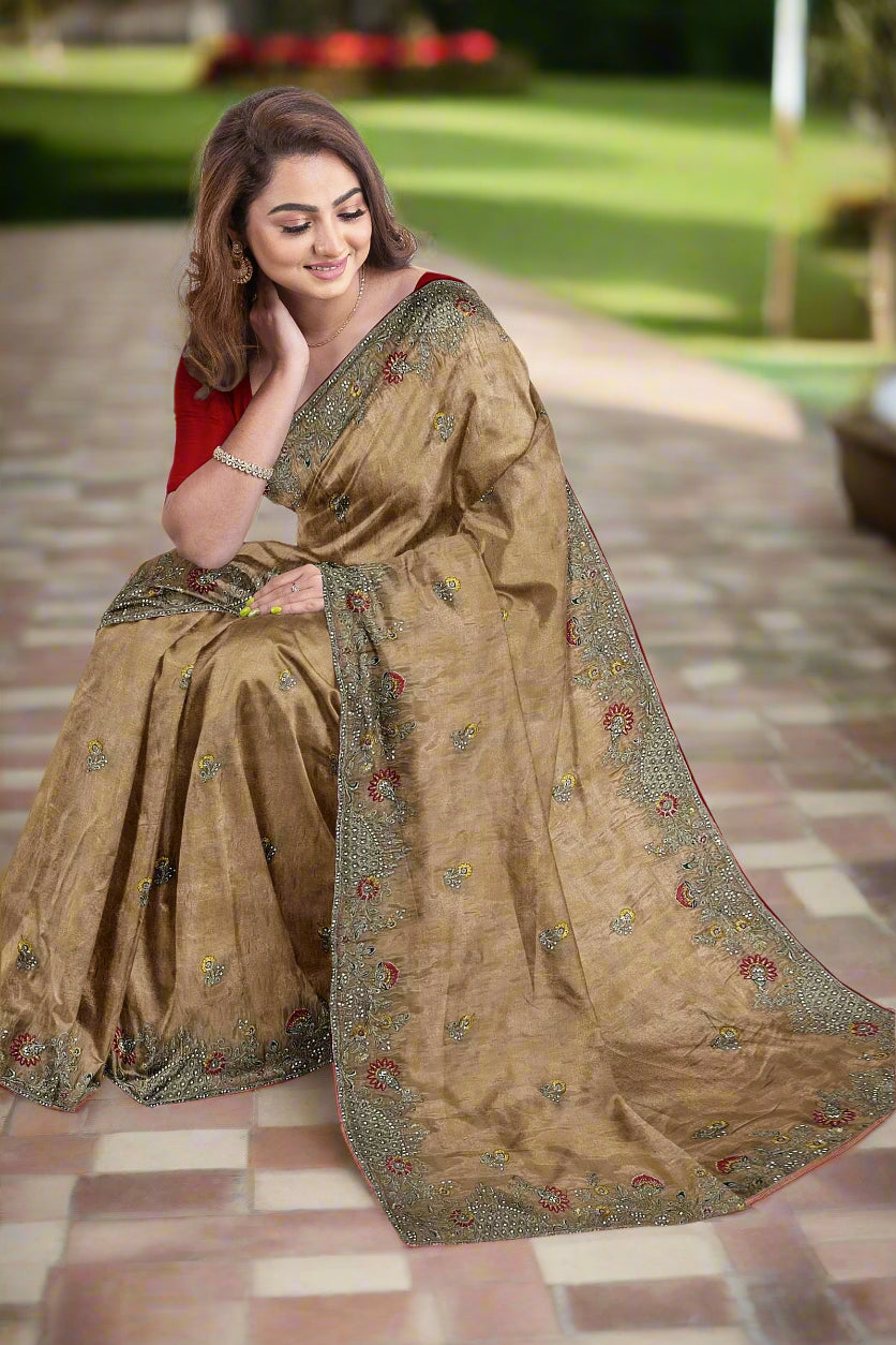 Krishna Tanna Gota work saree on blended georgette with Zardozi embroidery border (Peach)