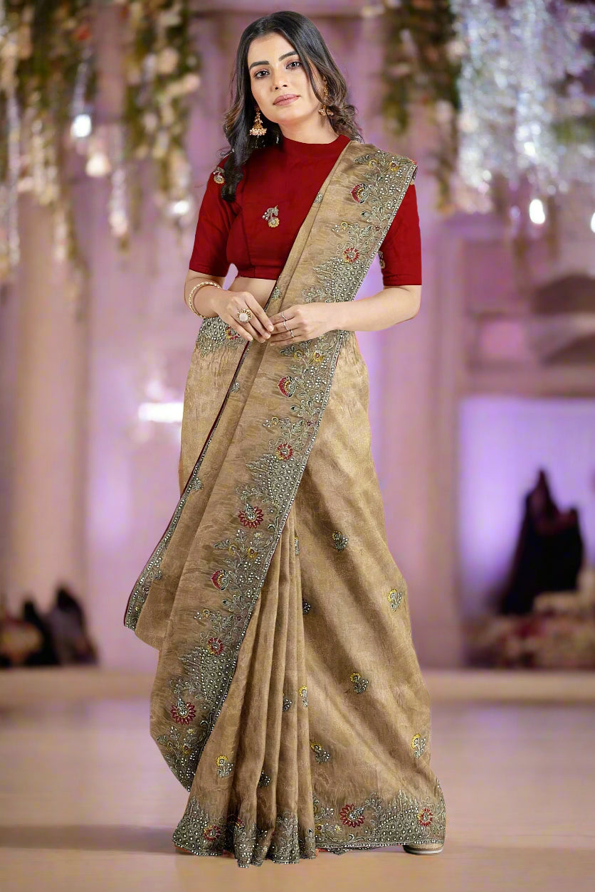 Krishna Tanna Gota work saree on blended georgette with Zardozi embroidery border (Peach)