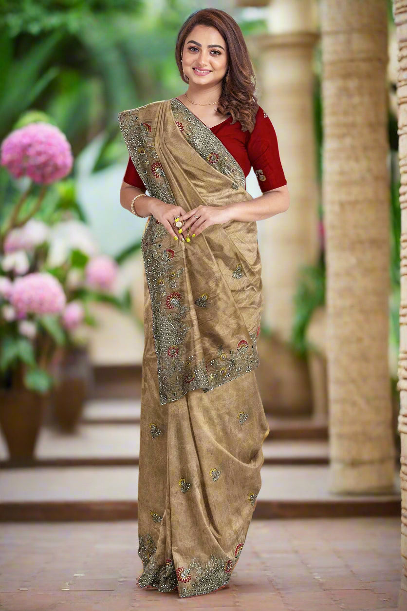 Krishna Tanna Gota work saree on blended georgette with Zardozi embroidery border (Peach)