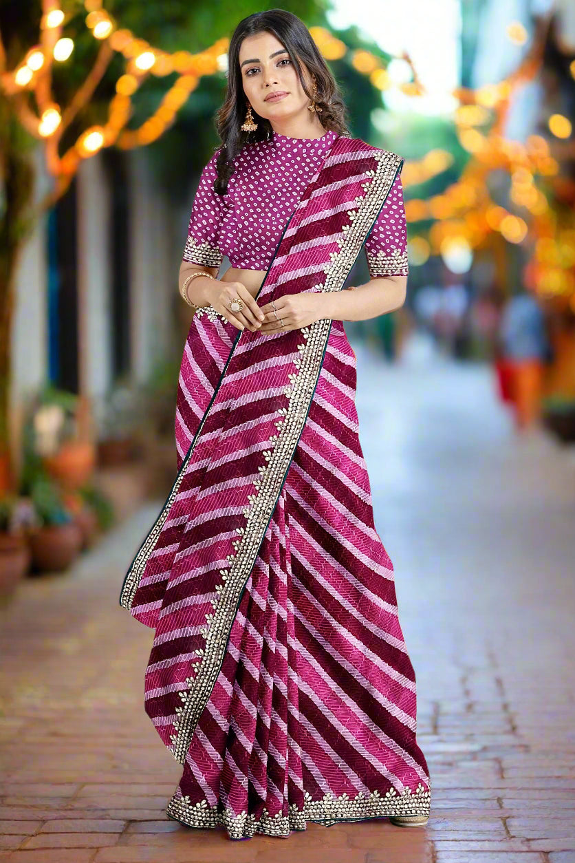 Krishna Tanna Leheriya Sequence Gota Work Border Saree (Dark Pink)
