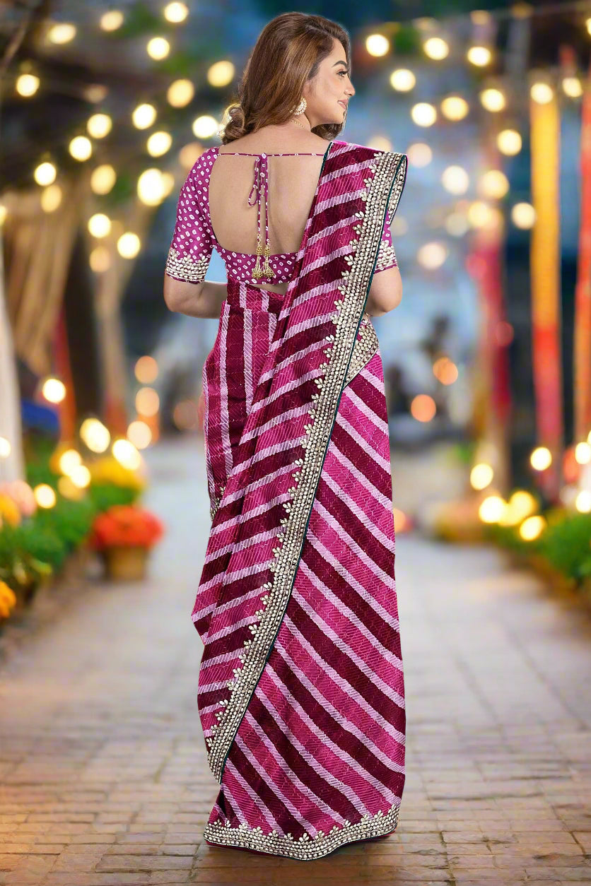 Krishna Tanna Leheriya Sequence Gota Work Border Saree (Dark Pink)