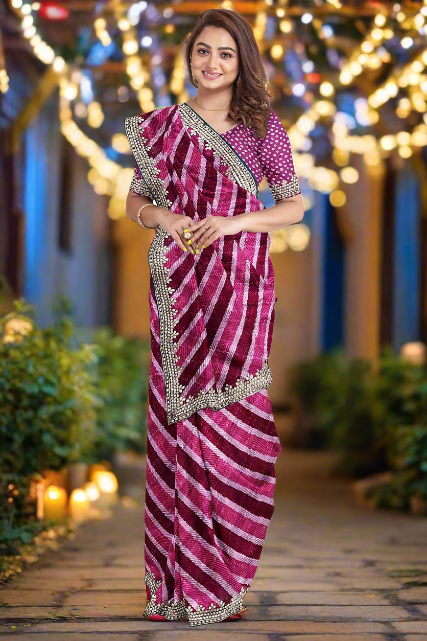 Krishna Tanna Leheriya Sequence Gota Work Border Saree (Dark Pink)