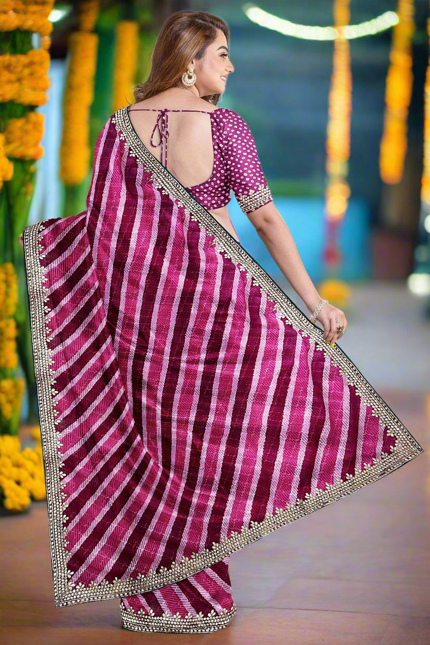 Krishna Tanna Leheriya Sequence Gota Work Border Saree (Dark Pink)