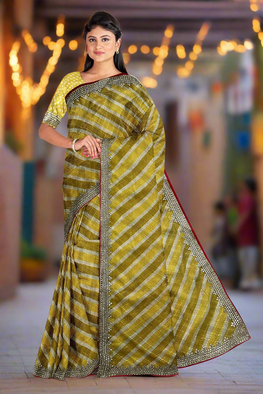 Krishna Tanna Leheriya Sequence Gota Work Border Saree (Yellow)