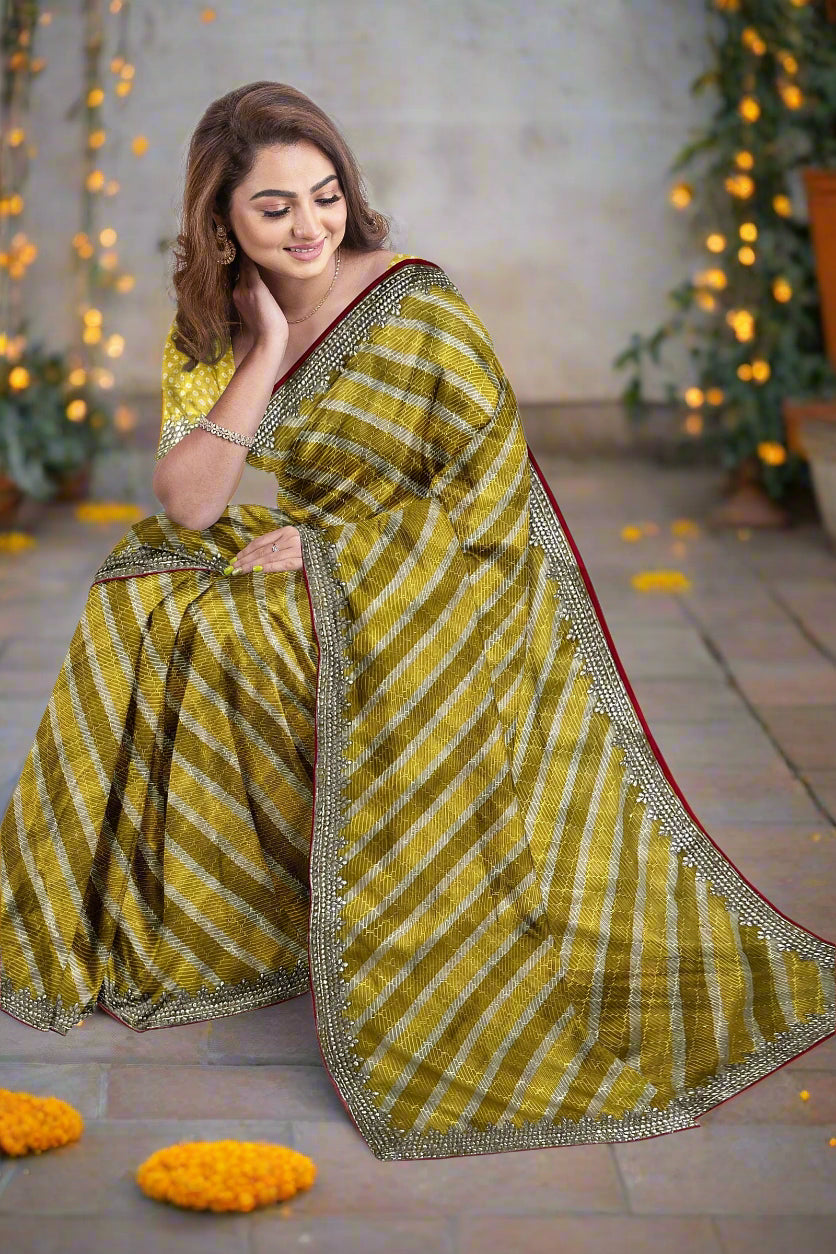 Krishna Tanna Leheriya Sequence Gota Work Border Saree (Yellow)