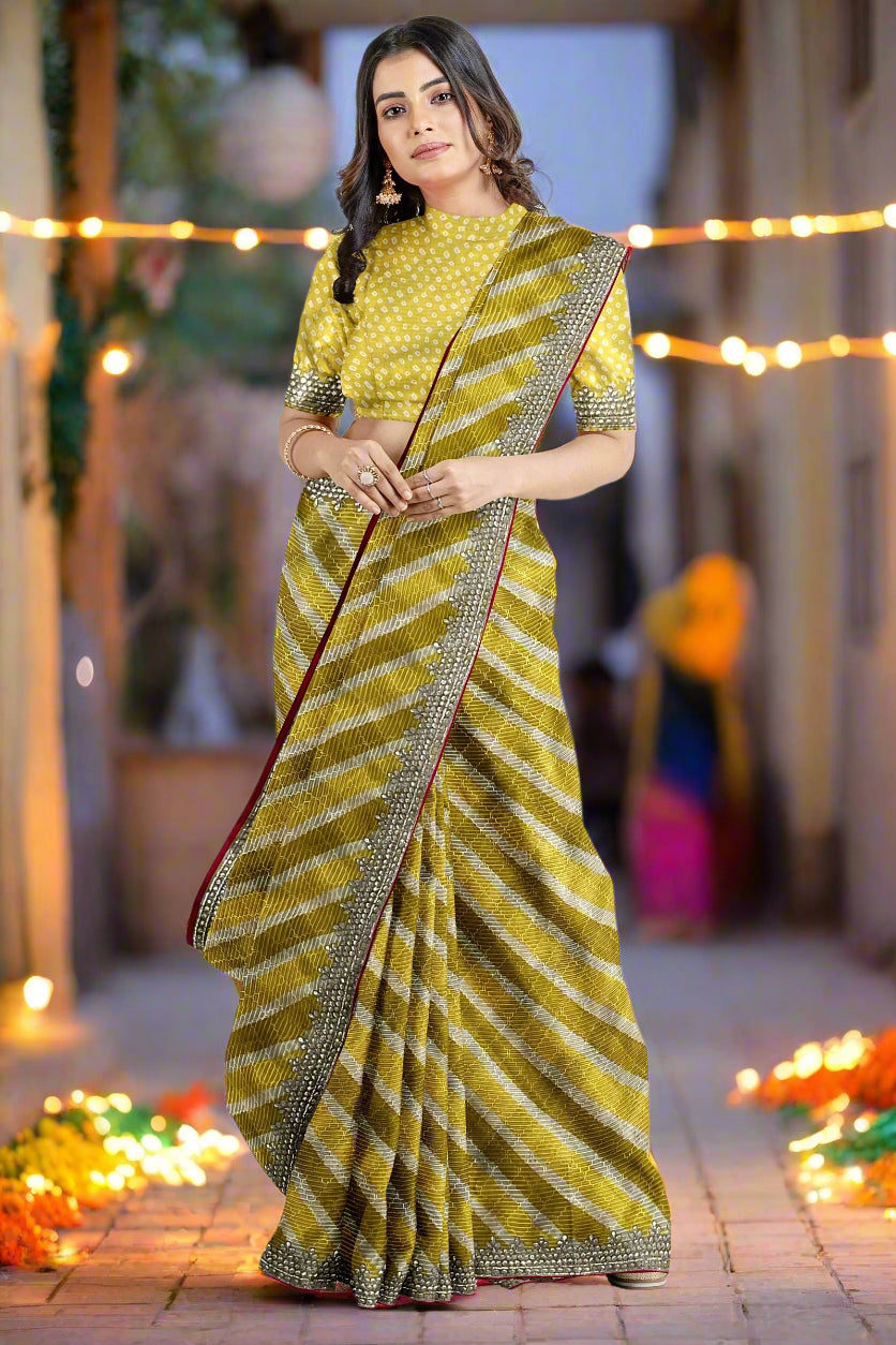 Krishna Tanna Leheriya Sequence Gota Work Border Saree (Yellow)