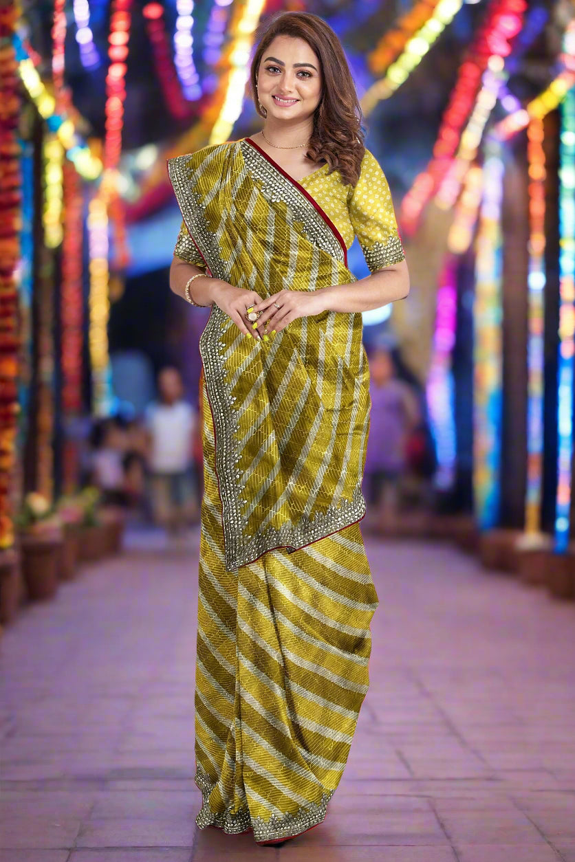 Krishna Tanna Leheriya Sequence Gota Work Border Saree (Yellow)