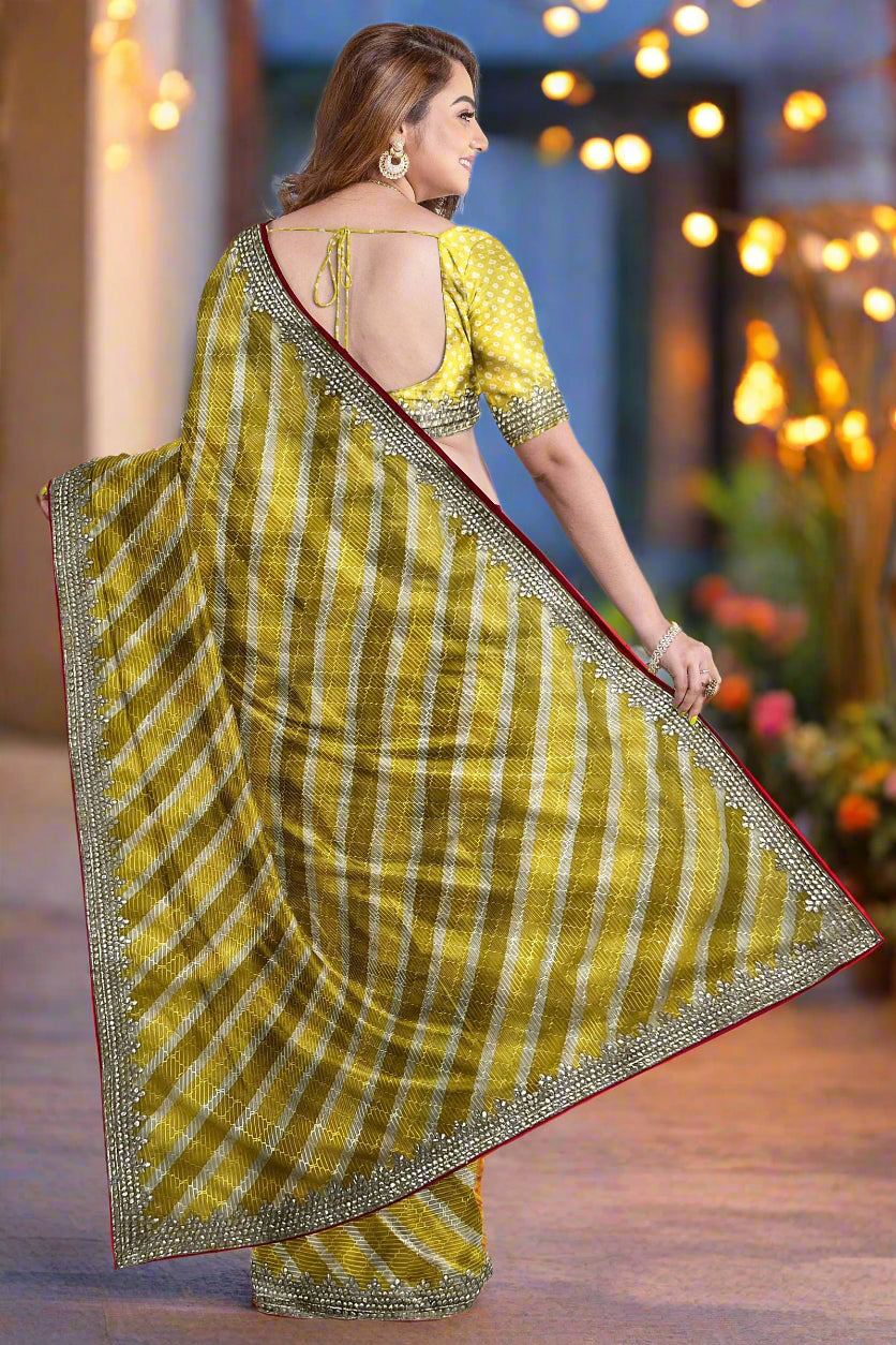 Krishna Tanna Leheriya Sequence Gota Work Border Saree (Yellow)