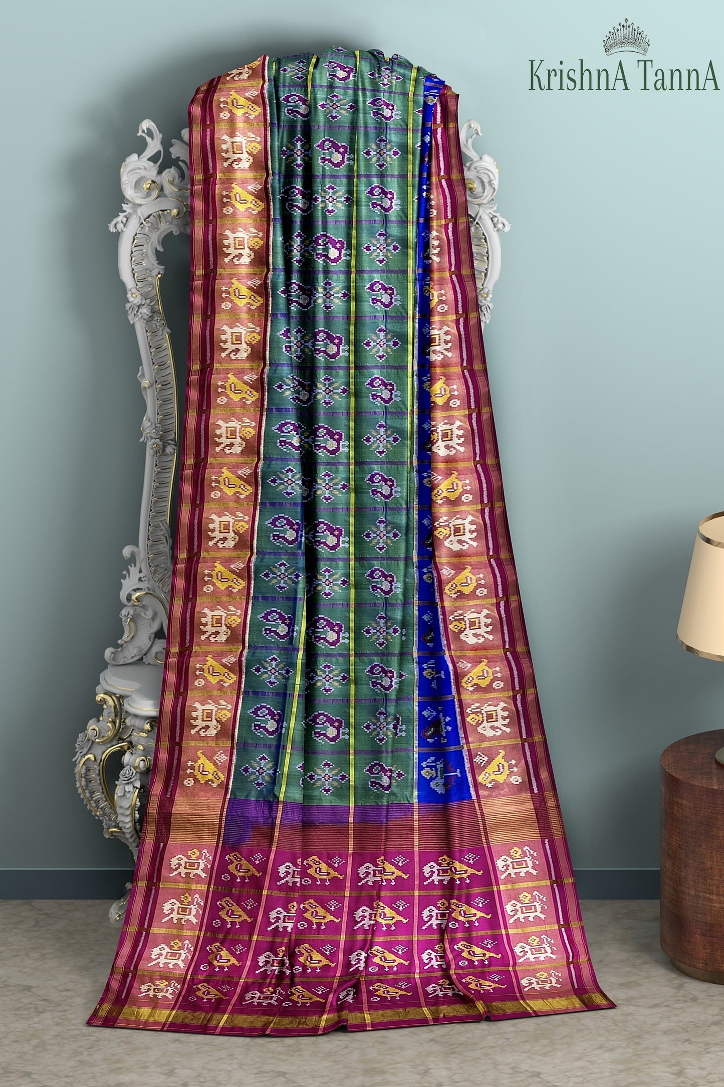 Krishna Tanna Hand Woven Rajkot Patola Pure Silk Three Shades Zari Checks Saree