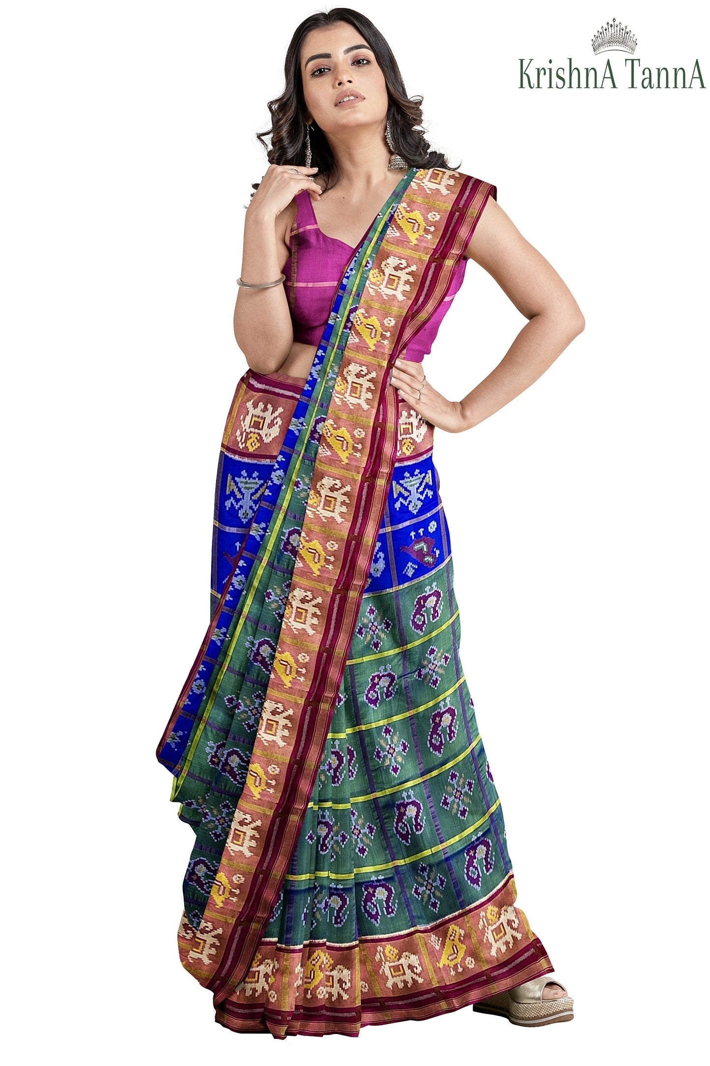 Krishna Tanna Hand Woven Rajkot Patola Pure Silk Three Shades Zari Checks Saree