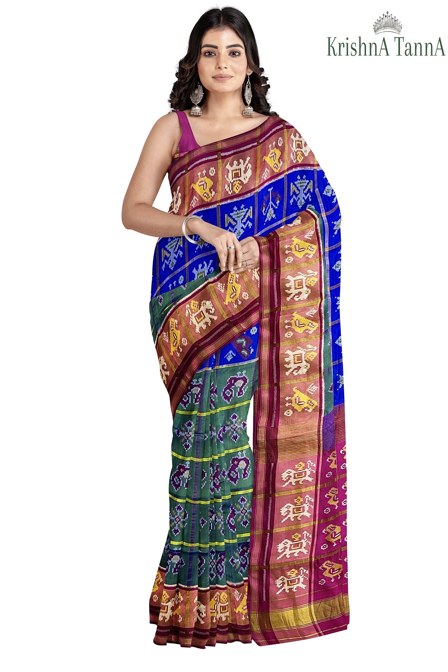 Krishna Tanna Hand Woven Rajkot Patola Pure Silk Three Shades Zari Checks Saree