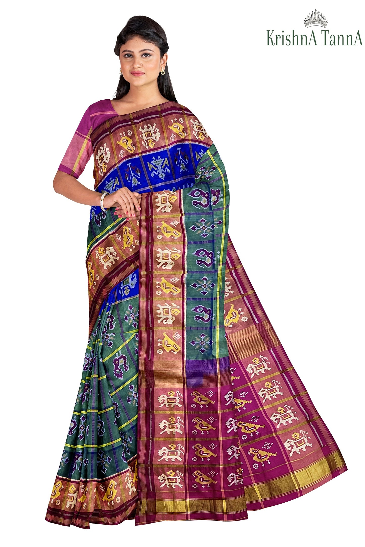 Krishna Tanna Hand Woven Rajkot Patola Pure Silk Three Shades Zari Checks Saree