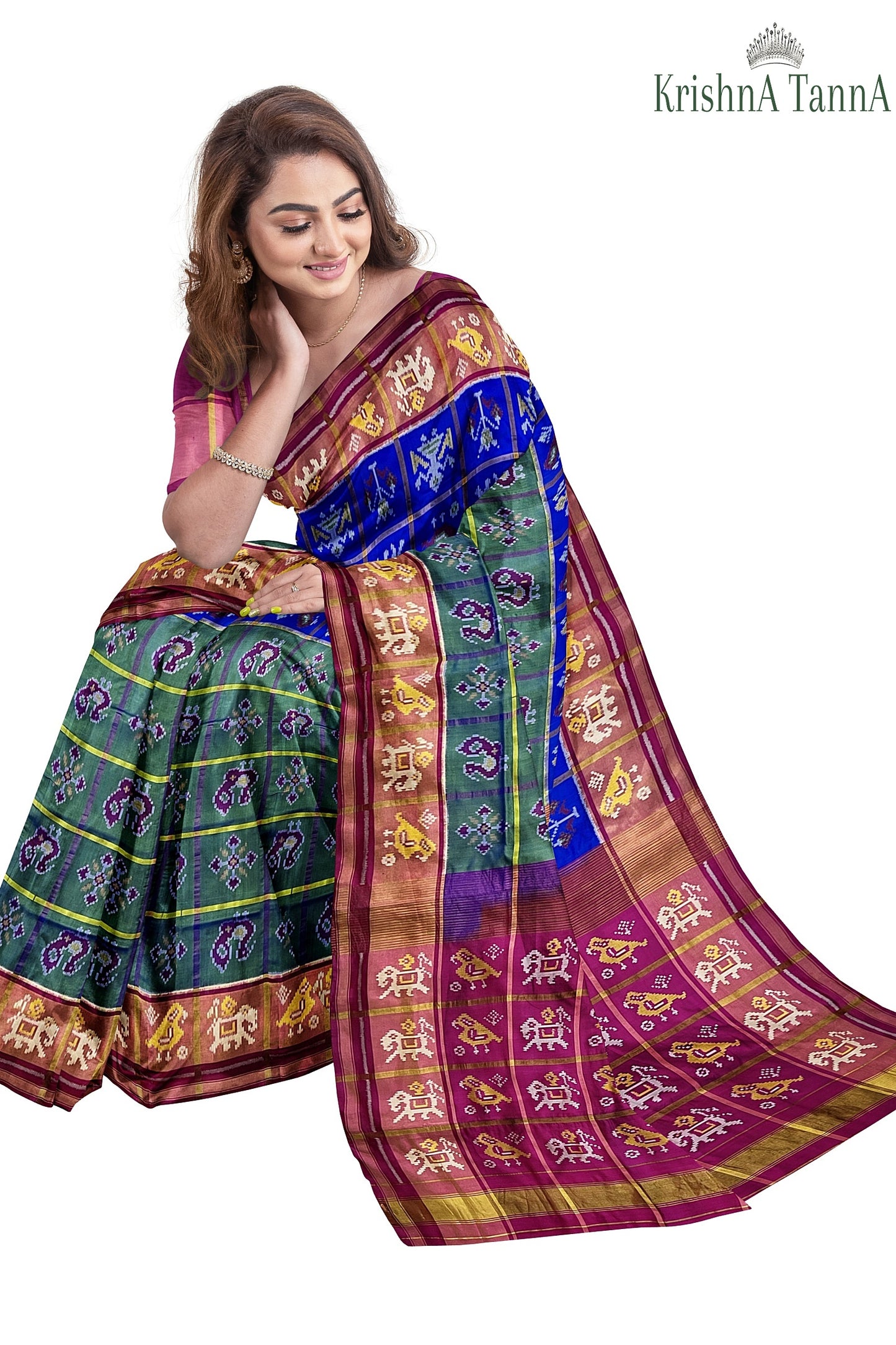 Krishna Tanna Hand Woven Rajkot Patola Pure Silk Three Shades Zari Checks Saree
