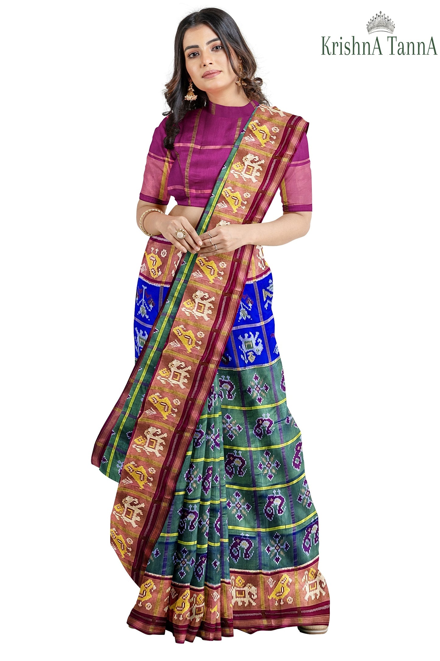 Krishna Tanna Hand Woven Rajkot Patola Pure Silk Three Shades Zari Checks Saree